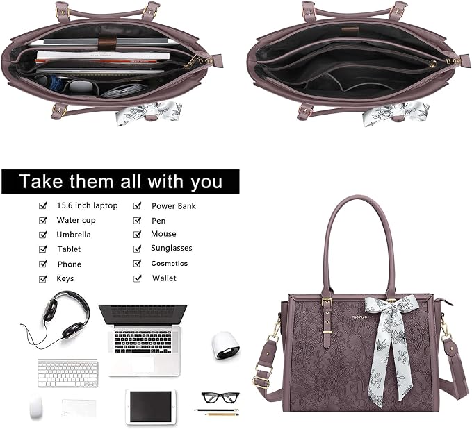 MOSISO Laptop Bag for Women, 15.6-16 inch PU Leather Tote Bag Compatible with MacBook, HP, Dell, Asus Notebook, Front Embossed Retro Hibiscus Computer Bags with Silk Scarf&Clutch Purse, Slate Purple