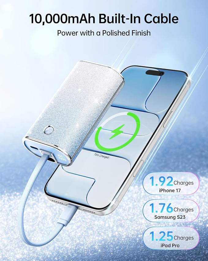 iWALK Sparkly 10000mAh Portable Charger, 22.5W Fast Charging Small Power Bank with Built-in USB-C Cable, Diamond Glitter Ultra-Compact Battery for iPhone 17/17 Pro/16/16 Pro/15, Samsung,ShinyBlue