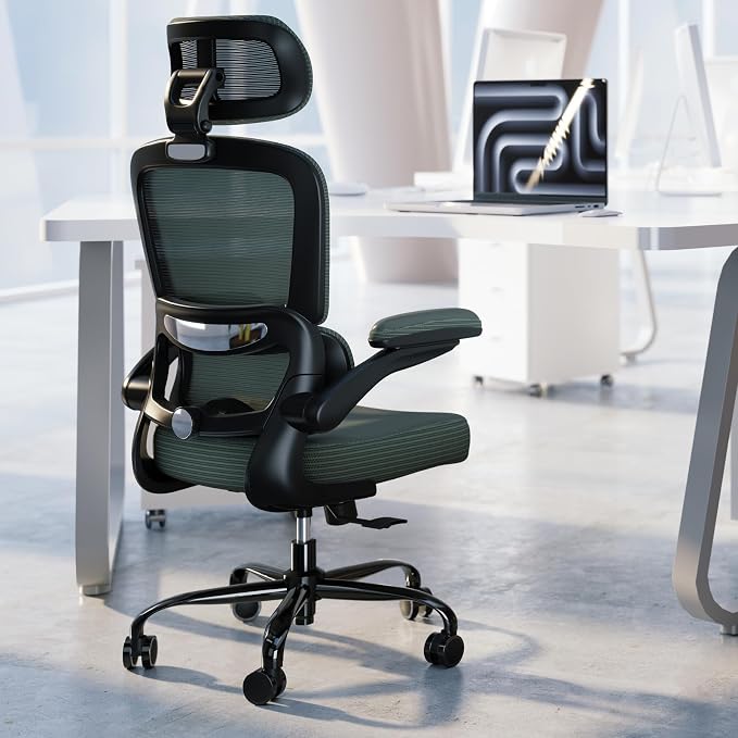 TRALT Ergonomic Office Chair - Desk Chair with Adjustable Headrest Lumbar Support Computer Chair - Mesh Comfy Chair with Flip-up Armrests - Gaming Chairs for Adults Home Office (Leather, Dark Green)