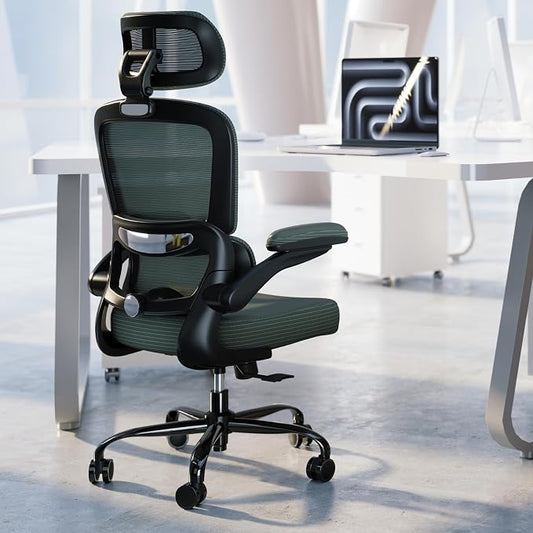 TRALT Ergonomic Office Chair - Desk Chair with Adjustable Headrest Lumbar Support Computer Chair - Mesh Comfy Chair with Flip-up Armrests - Gaming Chairs for Adults Home Office (Leather, Dark Green)