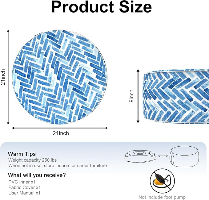 DYTXIII Inflatable Ottoman Stool D21 xH9 for Outdoor/Indoor Use, Water Repellent Patio Foot Rest Stool with Portable Handle,Round Pouf Ottoman Suitable for Garden,Deck and Camping - Blue Bricks