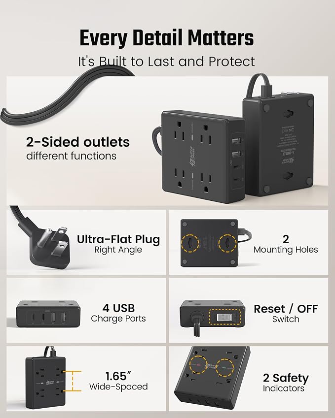 SUPERDANNY Flat Plug Power Strip Surge Protector 10 Ft Long Flat Extension Cord with 4 Outlets & 4 USB (2 USB-C) Charging Station for Home Office, College Dorm Room Essentials, Travel, Black