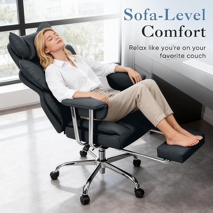 DUMOS Big and Tall Office Chair 350 LBS, Scratch-Resistant PU Leather Executive Office Desk Chair with Footrest, Ergonomic Reclining Computer Chair with Pocket Spring Support for Home Office, Black