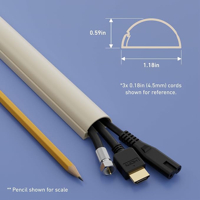 D-Line 13.12ft Cord Hider Kit, Patented Cable Cover, Hide Wires on Wall, Channel for TV Mount Cords, Raceway Wire Hiders, Paintable, Adhesive, Half Round, 4X 1.18in W x 0.59in H x 39in Lengths, Beige