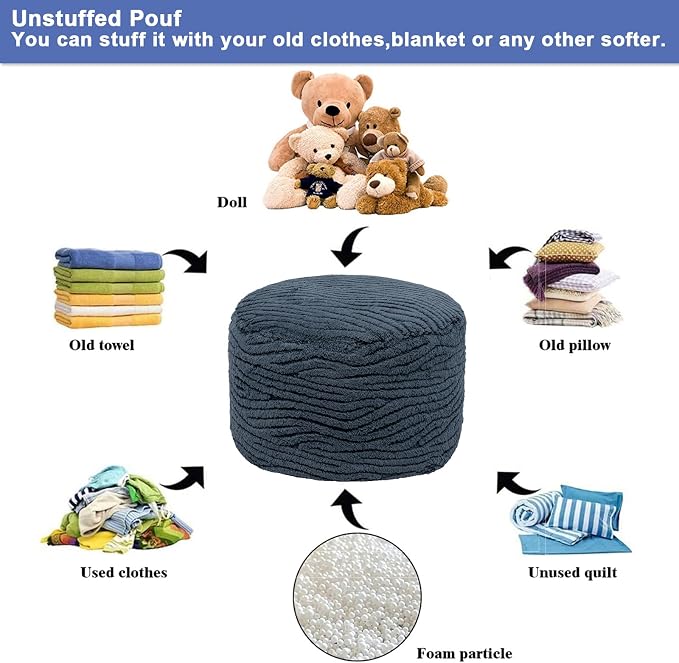Poofieotto Unstuffed Pouf Ottoman Cover Handmade Footstool Ottoman Storage Solution Floor Pouf Footrest Cushion 20 Diameterx12Height Inches for Living Room Wedding Bedroom Gray No Filler