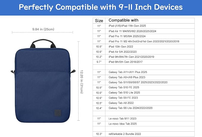 Dadanism 9-11 Inch Tablet Sleeve Bag Carrying Case with Shoulder Strap for iPad (A16) 11", iPad 10th Gen 10.9", iPad Air M4/Pro M5 11", iPad 9/8/7th 10.2", Galaxy Tab A11+ Plus 11", Denim