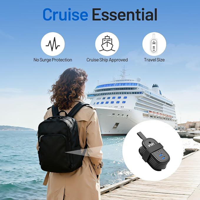 BEVA Travel Power Strip with USB Ports, 4FT Travel Flat Plug Extension Cord, Fast Charge PD 20W 2 Outlets 3 USB Ports, Non Surge Protector for Cruise Ship Travel Essentials(PD20W Charge Black)