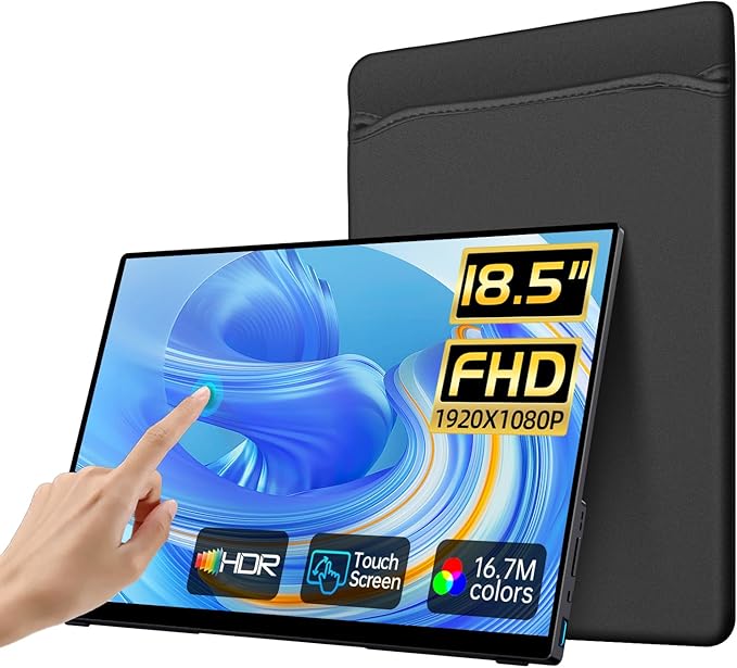 Portable Monitor Touchscreen,18.5'' FHD IPS Touch Screen Monitor, Travel Monitors w/Kickstand & Speaker, HDMI USB C External Screen for Laptop PC 10-Point Touch for Windows devs