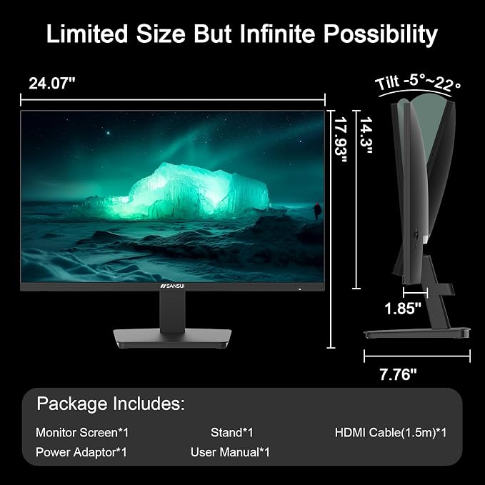 SANSUI 27 Inch Computer Monitor 120Hz, FHD 1080P Flat Monitor, HDMI DP Ports FreeSync, HDR, 110% sRGB, Tilt Adjustable Frameless VESA Compatible for Office and Home (ES-27F2, HDMI Cable Included)