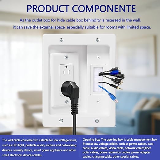 Wall Cable Concealer Management Kit, Recessed TV Outlet Box, in Wall TV Box Hidden Cable Connection Kit, Behind TV Outlet Box Recessed Wall Mount TV Box to Hide Power Cables and Low Voltage Wires
