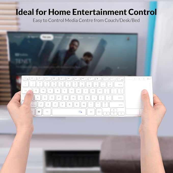 Rii K22S 2.4G Wireless and Bluetooth Touch TV Keyboard with Easy Media Control and Built-in Touchpad,Stainless Steel Compact Keyboard for Windows, Android, Chrome OS, Laptop, Tablet - White