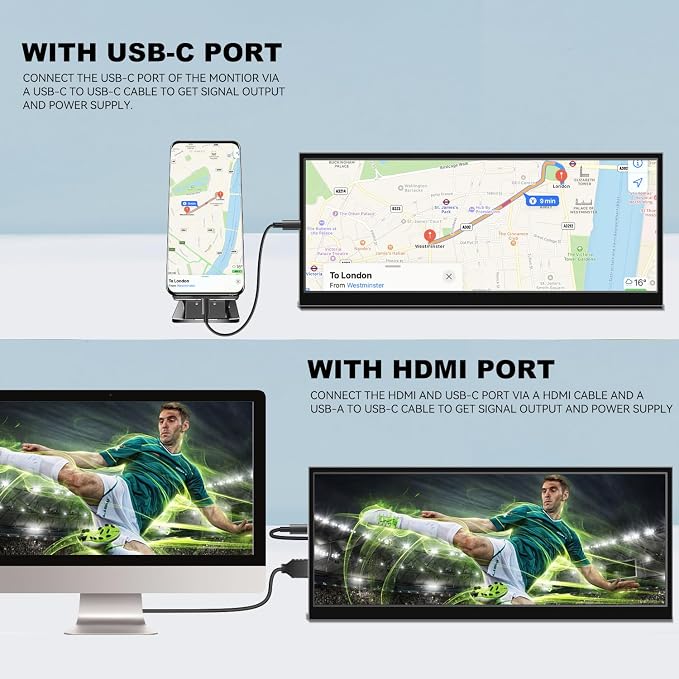 12.3 Inch Secondary Monitor, IPS Stretched Bar LCD Travel Display 1920 * 720 HDMI USBC, Mini Portable Monitor Metal Material for Laptop Computer Windows Aida64 GPU CPU RAM Monitoring,Built-in Speaker