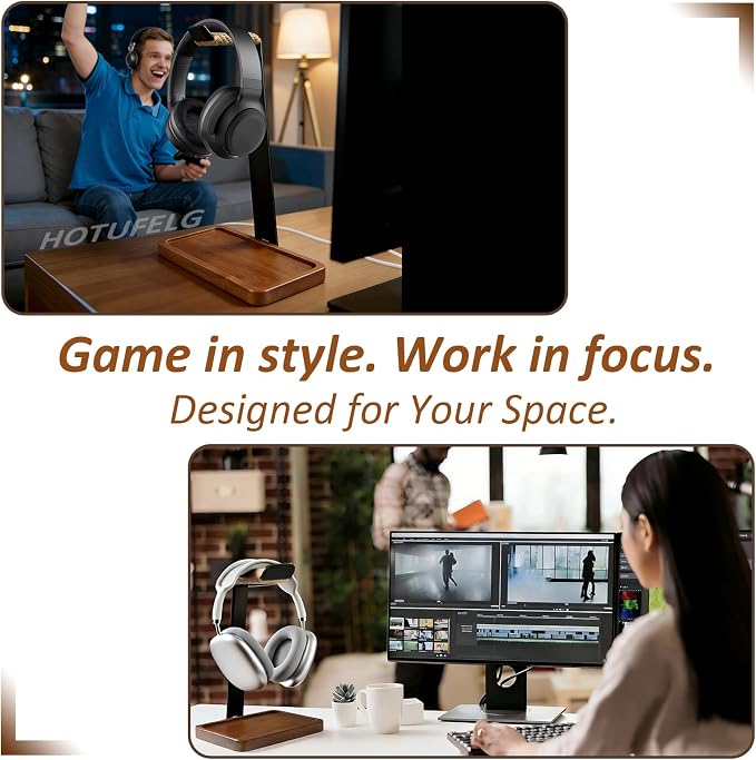 2-in-1 Solid Wood Headphone Stand Universal Headphones Holder with Storage Base Heavy Duty Solid Wood Gaming Headset Hanger for Study Rooms,Game Space,Desk,Office,Vintage Gift for Men(Rope Wrapped Top)