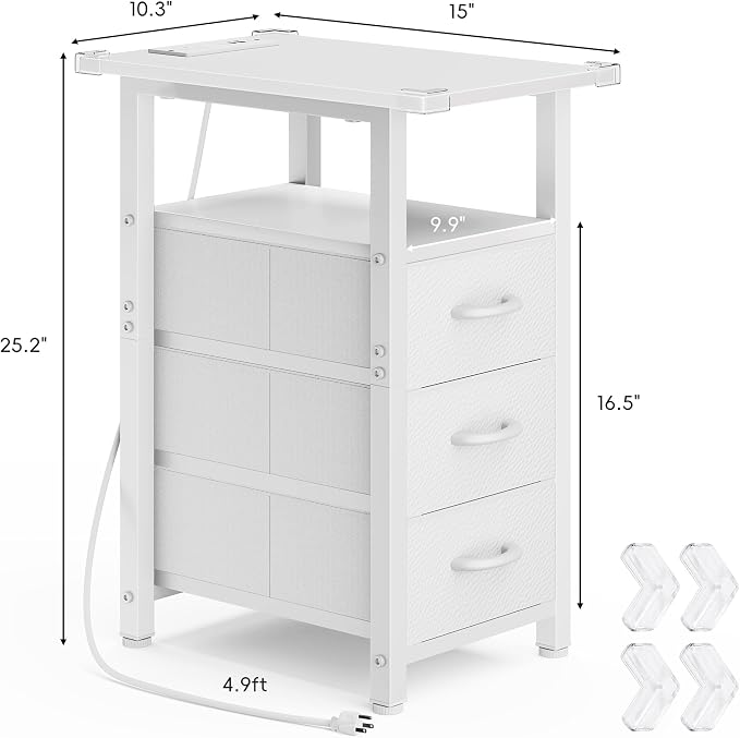 Vagusicc Set of 2 White Night Stand with Charging Station, Narrow Nightstand with U-S-B Ports and Outlets, Small Night Stand 3 Fabric Storage Drawers, Small Bedside Table