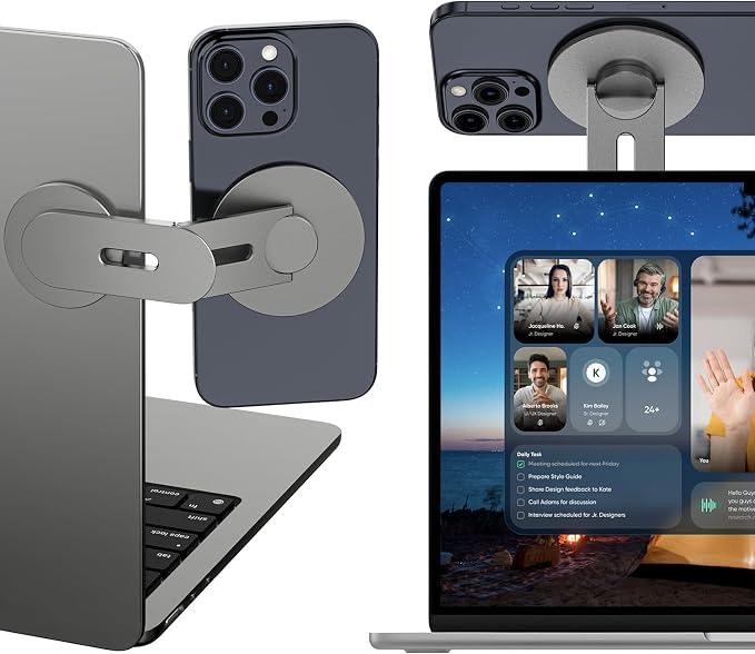 Magnetic Phone Holder for Laptop, 360° Adjustable MacBook Monitor Side Mount for iPhone 17 Pro Max/16/15/14/13/12 MagSafe for Tesla, Portable Foldable Cell Phone Holder Accessory, Gray