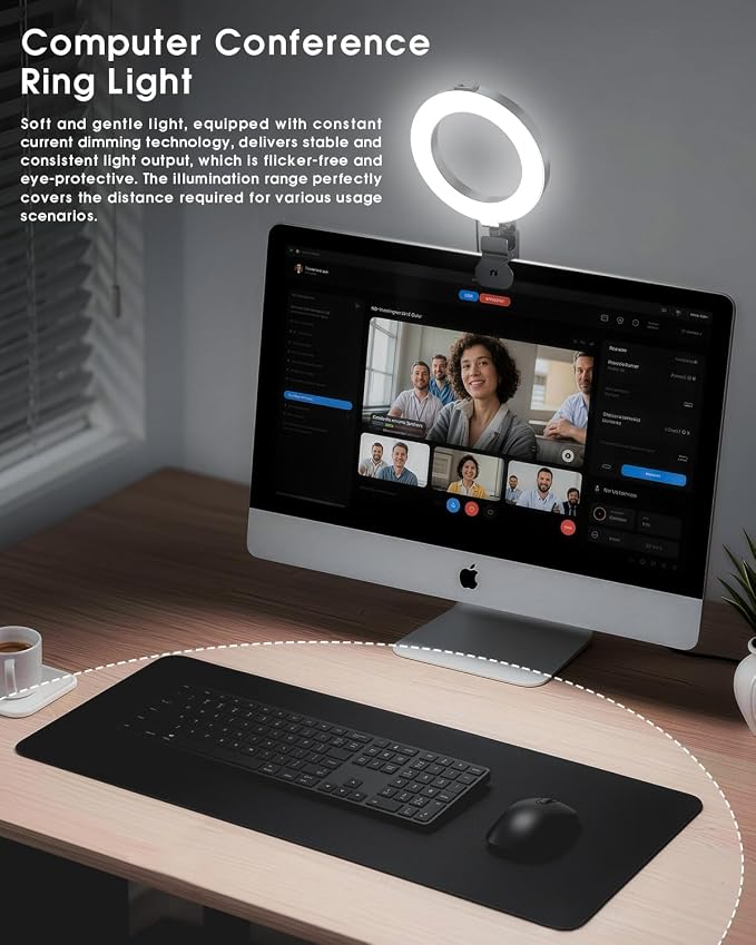 Ring Light for Computer Video Conference - Webcam Light for Monitor Clip On Remote Working Distance Learning Zoom Call Self Broadcasting and Live Streaming Influencer Light Laptop Video Conferencing