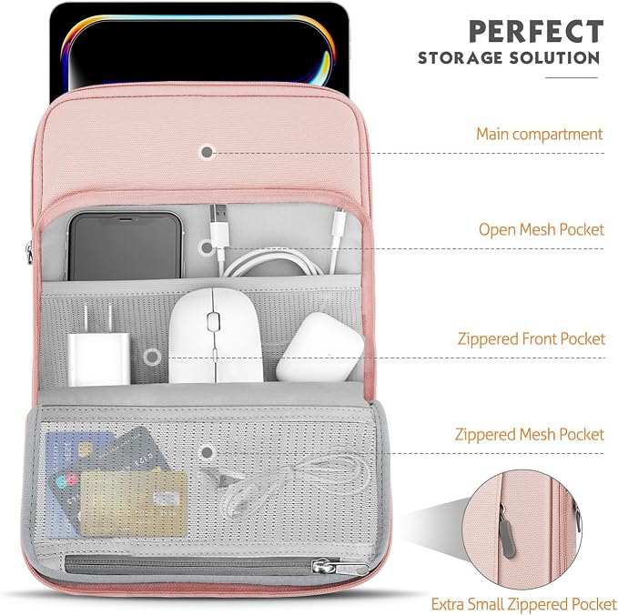 MoKo 10-13 Inch Tablet Sleeve Bag Carrying Case with Pockets Fits New 13 Inch iPad Pro M5 & Air M3, Pro 12.9/11 in,iPad 10th/Air 5/4th 10.9, i-Pad 7/8/9th 10.2, Galaxy Tab S8+/S9+ 12.4, Pink