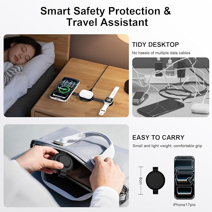 3 in 1 Wireless Charging Station for iPhone 17e, Foldable Portable Travel Magnetic Charging Pad for iPhone 17 16 16e 15 Pro Max Apple Watch AirPods Fast Wireless Charger Apple Device Charging Hub