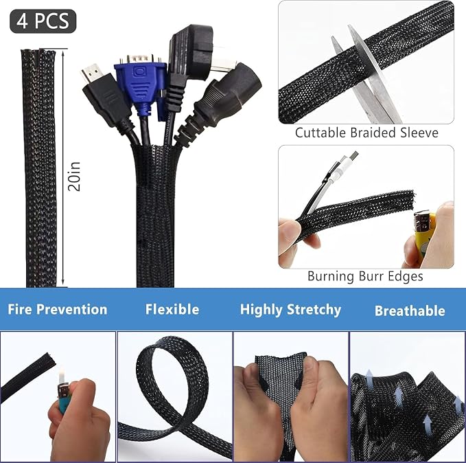 ELII 300PCS Cable Management Kit,4 Cable Sleeve 35 Cable Clips with 11Cord Holders,20 Roll Cable Organizer Straps and 200 Fastening Cable Ties,20 Cable Zip Tie Mounts for Under Desk