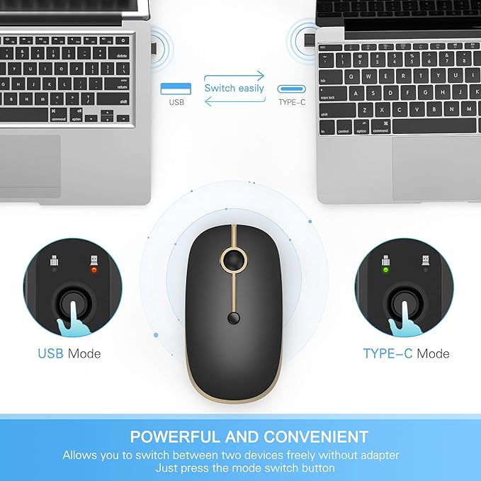 VssoPlor Type C Wireless Mouse USB C Rechargeable Portable Quiet Laptop Mouse USB and Type C Receiver Dual Mode Mice for PC, Laptop, MacBook, Tablet-Black Gold