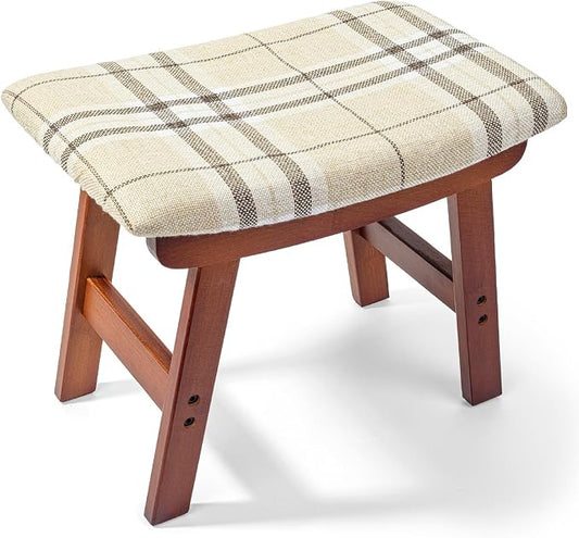 BAMBOO LAND- Bamboo Foot Stools Ottoman, Beige Cushion & Brown Wood Legs, Small Ottoman Foot Rest for Couch