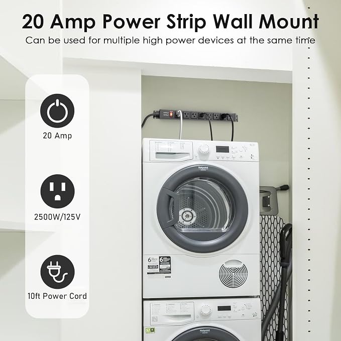 JUNNUJ 20 Amp Power Strip Heavy Duty 2 Pack, 4800J Surge Protector Metal Power Bar Multi Angle Mount, 20A Garage 8 Outlet Shop 6-20R T-Slot, 5-15P Adapter 12 Gauge Extension Cord 4ft for Appliance