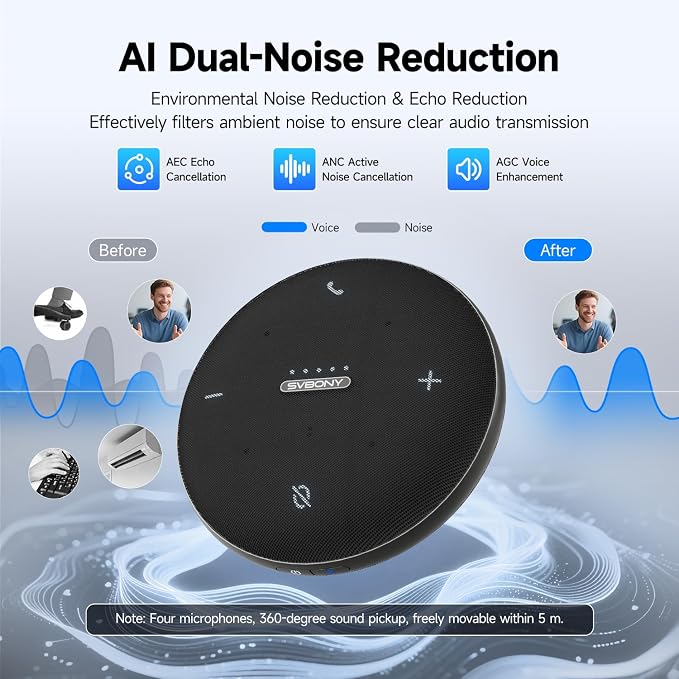 SVBONY SVHub Omni2 Conference Speaker and Microphone, Portable Speakerphone, 4 Noise-Canceling Microphones, Enhanced Voice Pickup, 8 Hours of Call Time, for Home Office Use