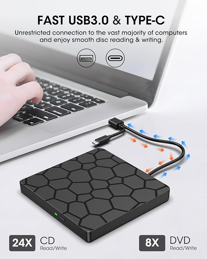 ROOFULL External CD DVD Drive for Laptop, USB 3.0 & USB-C Portable CD/DVD-RW Disc Drive Reader Burner Writer Player for Windows 11/10/8/7 Laptop Mac MacBook Linux PC, RF868