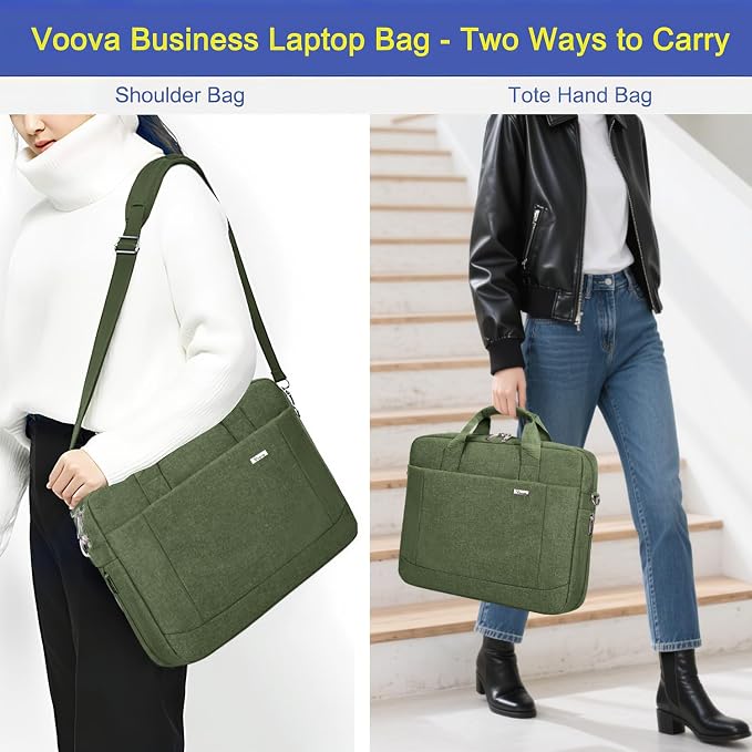 Voova Laptop Bag Case 17 17.3 Inch Computer Sleeve Messenger Bag with Shoulder Strap Expandable Waterproof Large Capacity Business Briefcase for Work Travel Fit 17-18” Laptop, Men Women, Army Green
