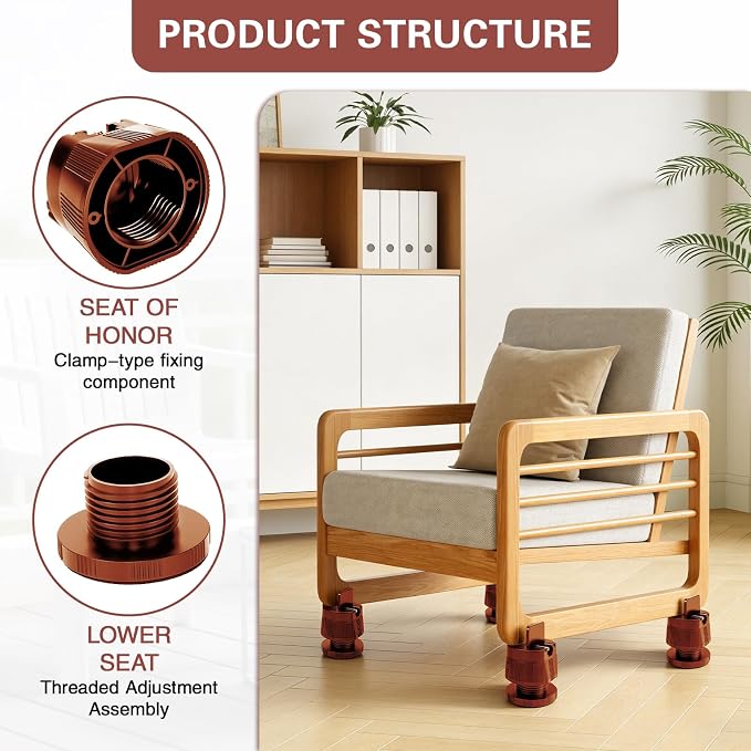Adjustable Furniture Risers,Heavy Duty Bed Risers, 2.36 in to 3.15 in Leg Lifts with Clamp Design, Heavy Duty Clamp On Levelers for Chair Table Sofa Cabinet Legs (Brown)