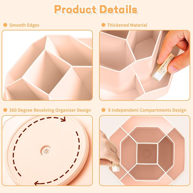 Pencil Pen Holder for Desk,9 Slots 360 Degree Rotating Desk Organizers,Desktop Storage Stationery Supplies Organizer, Cute Pencil Cup Pot For Office, School, Home(Pink)