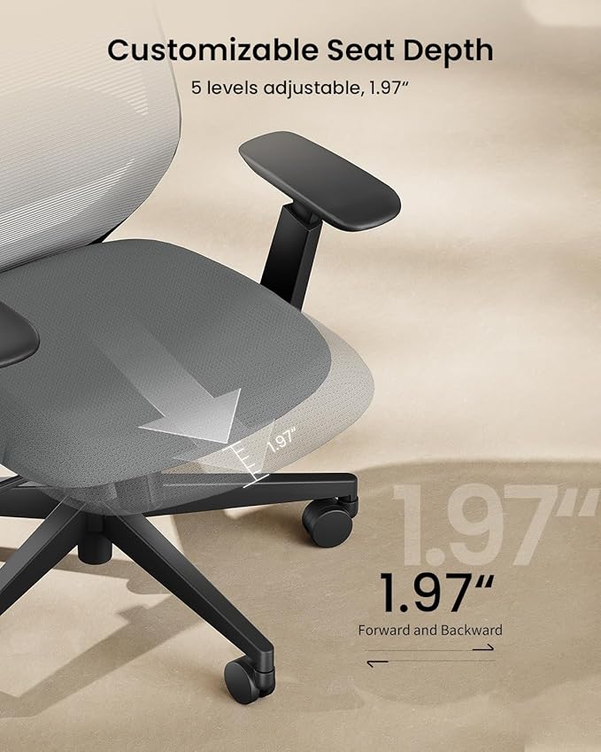 ProtoArc EC200 Ergonomic Office Chair – High-Back Mesh Computer Chair with Lumbar Support, Adjustable Seat Depth & 3D Headrest Ergo Desk Chairs for Work from Home, 8+ Hours Comfort – Light Grey