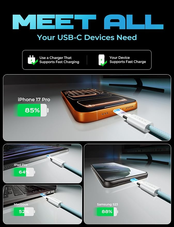 LISEN USB C Cable, 5-Pack [3.3/3.3/6.6/6.6/10FT] Blue for iPhone 17 Charger Cord, 60W C to C Cable Fast Charging for iPad, iPhone 17 Air 16 15 Pro Max, Samsung Z Flip 7/S25/S24