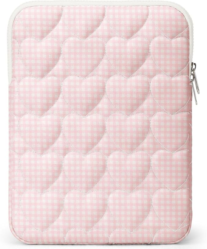 11-12 inch Cotton Quilted Laptop Sleeve for Women, Aesthetic Puffy Laptop Case Carrying Bag Compatible with MacBook Air 11.6“/iPad, Soft Computer Liner Bag (Pink Gingham, 11.6 inch)