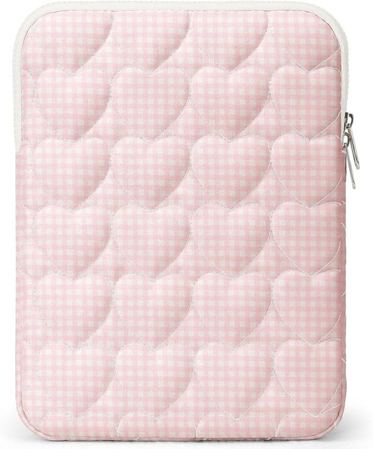 11-12 inch Cotton Quilted Laptop Sleeve for Women, Aesthetic Puffy Laptop Case Carrying Bag Compatible with MacBook Air 11.6“/iPad, Soft Computer Liner Bag (Pink Gingham, 11.6 inch)
