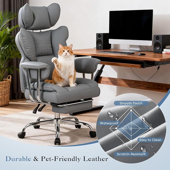 DUMOS Big and Tall Office Chair 350 LBS, Scratch-Resistant PU Leather Executive Office Desk Chair with Footrest, Ergonomic Reclining Computer Chair with Pocket Spring Support for Home Office, Grey
