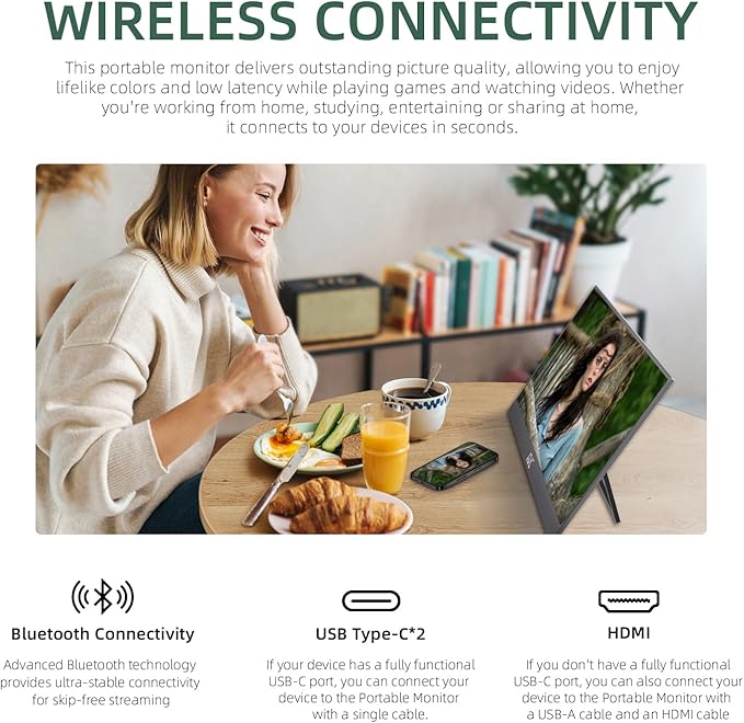 FMC Wireless Portable Monitor 1080P FHD 100% sRGB Display, Built-in Kickstand Second Screen, AirPlay Miracast Casting Portable Laptop Monitor for Home Office Use