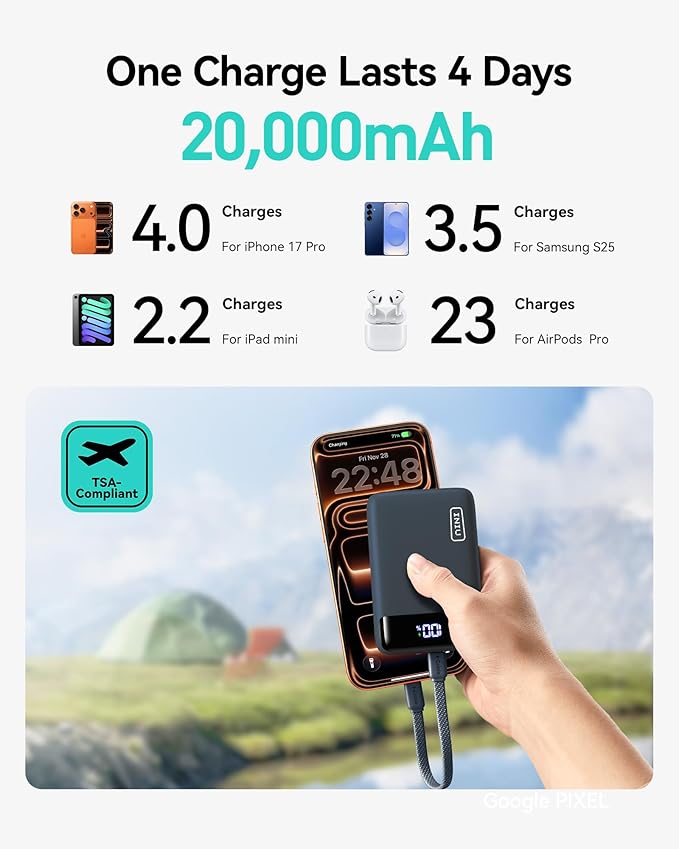 INIU Smallest 20000mAh Power Bank, 22.5W PD Fast Charging Portable Charger with USB-C Cable, Flight-Safe Battery Pack for Travel & Students Dorm & Vacation, Mini Size for iPhone Samsung iPad, Blue