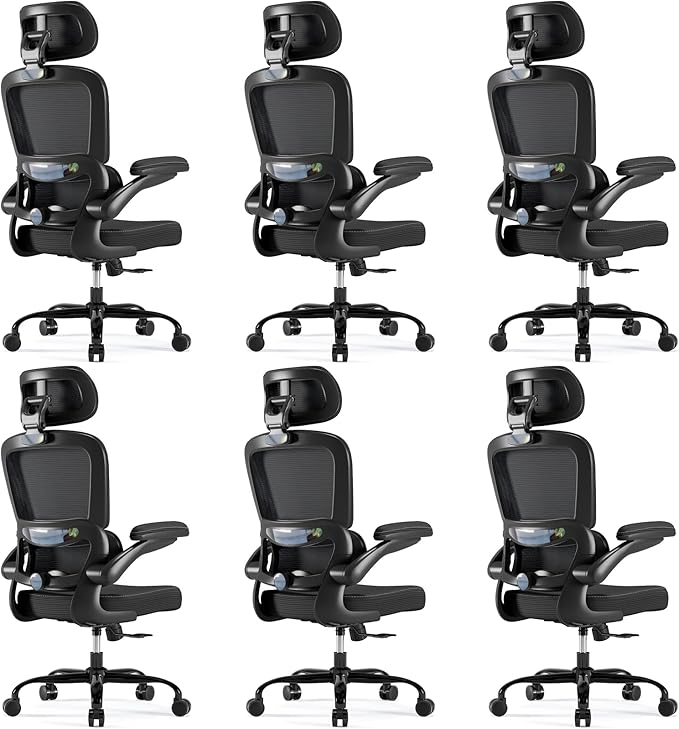 TRALT Ergonomic Office Chair - Desk Chair with Adjustable Headrest Lumbar Support Computer Chair - Mesh Comfy Chair with Flip-up Armrests - Gaming Chair for Adults Home Office PU, Black, Pack of 6