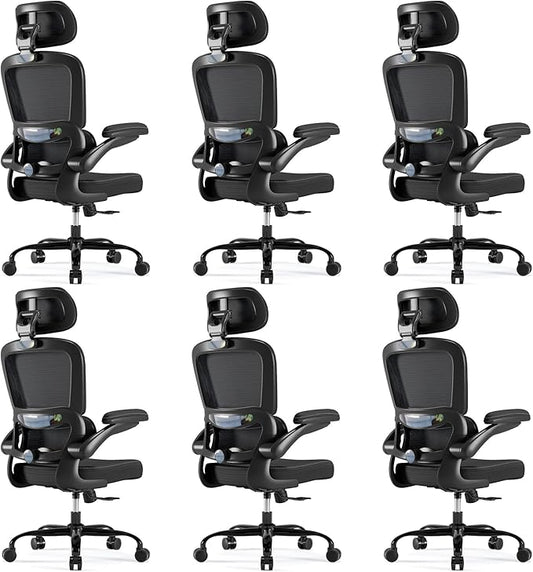 TRALT Ergonomic Office Chair - Desk Chair with Adjustable Headrest Lumbar Support Computer Chair - Mesh Comfy Chair with Flip-up Armrests - Gaming Chair for Adults Home Office PU, Black, Pack of 6