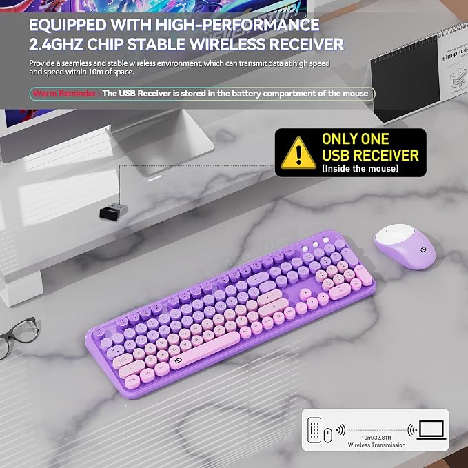 FD Wireless Keyboard and Mouse Combo - 2.4G Full-Sized Cute Colorful Mouse and Keyboard with 104 Round Keys Retro Typewriter Keyboards for Laptop/Windows/PC - Purple Gradient