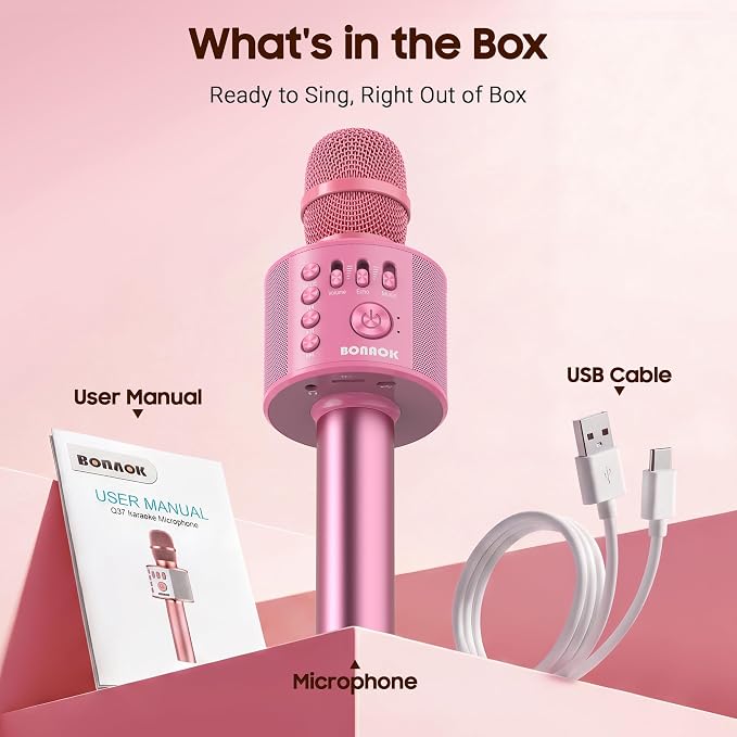 BONAOK Wireless Bluetooth Karaoke Microphone,3-in-1 Portable Handheld Karaoke Mic Speaker Machine Home Party Birthday for All Smartphones Q37 (P-Ink)