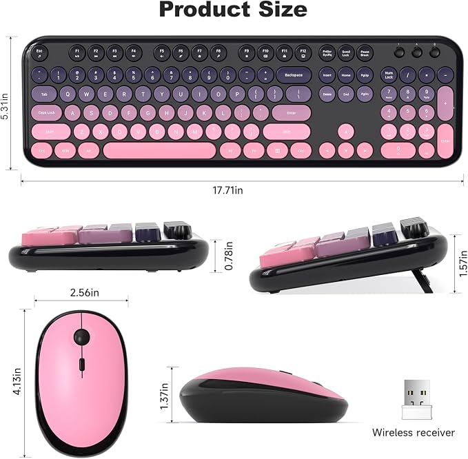 MOFII Wireless Keyboard and Mouse Combo, 2.4GHz Retro Typewriter Keyboard Full Size, Quiet Click Mouse, USB Receiver Plug and Play, for PC, Laptop, Desktop, Windows (Plum Pink Gradient)
