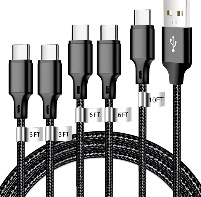 USB A to USB C Charger Cable, 5 Pack [3/3/6/6/10ft] Type C Fast Charging Cord High Data & Transfer Wire Compatible for iPhone 17/16/15 Plus/Pro Max iPad Pro Air Ps5 Controller Samsung Galaxy(Black)