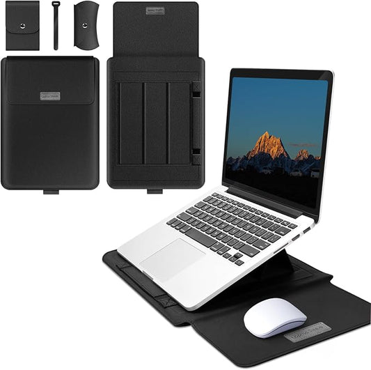 13-14 inch Laptop Sleeve Protective Case for MacBook Air/Pro 13-14" M5/M4/M3/M2/M1 (Pro/Max), [3 in 1] PU Leather Laptop Waterproof Slim Cover with Stand and Mouse for MacBook - Black