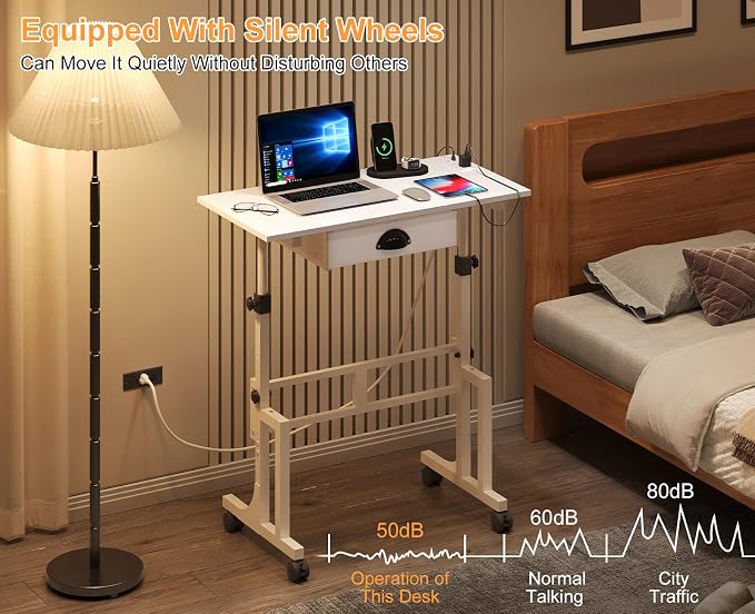 Cidaziya Small Adjustable Height Standing Desk with Storage Drawers, Rolling Sit Stand Up Desk with Wheels Charging Station, Adjustable Mobile Portable Table for Walking Pad Laptop Treadmill Computer