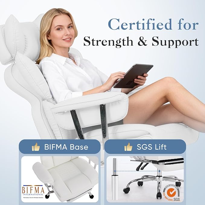 DUMOS Big and Tall Office Chair 350 LBS, Scratch-Resistant PU Leather Executive Office Desk Chair with Footrest, Ergonomic Reclining Computer Chair with Pocket Spring Support for Home Office, White