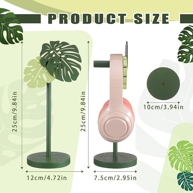 Yookeer Monstera Headphone Stand Cute Headphone Stand Decorative Palm Leaves Wood Desk Decor for Gamer Room Office Desk Gaming Gifts for Girlfriend Office Worker