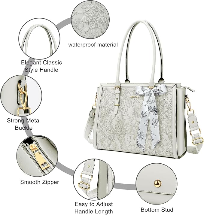 MOSISO Laptop Bag for Women, 15.6-16 inch PU Leather Tote Bag Compatible with MacBook, HP, Dell, Asus Notebook, Front Embossed Retro Hibiscus Computer Bags with Silk Scarf&Clutch Purse, Beige