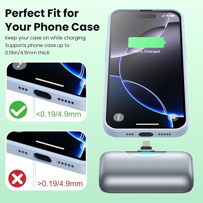 [2-Pack] 5500mAh Portable Charger for iPhone 17/16, LCD Display USB C Mini Power Bank,PD Fast Charging Lipstick Sized Battery Pack for iPhone 17/16/15 Pro Max, Galaxy S25/S24, Pixel (Black+Sliver)